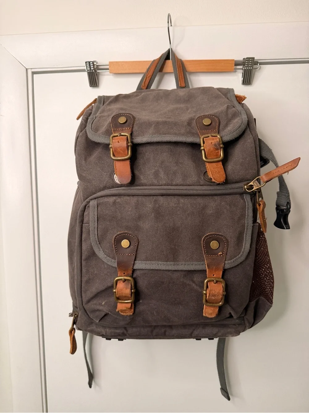 Canvas Camera Backpack for Men - Gray with Tan Accents